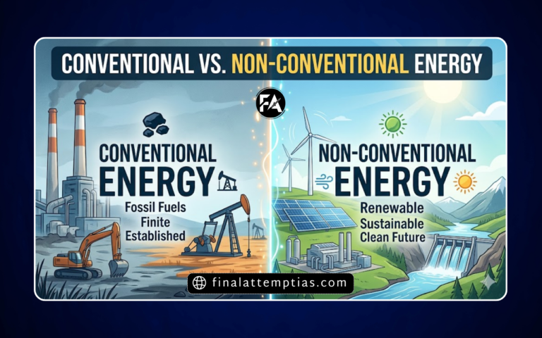 Illustration comparing conventional energy sources such as coal plants and oil pumps with non-conventional renewable energy sources like solar panels, wind turbines, and hydropower.