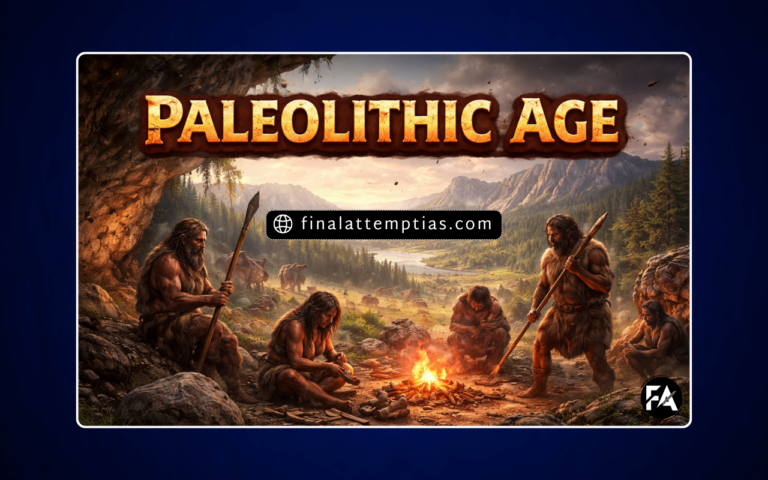 Illustration of Paleolithic Age showing early humans sitting around a fire, making stone tools, and hunting in a prehistoric landscape with mountains and forests.