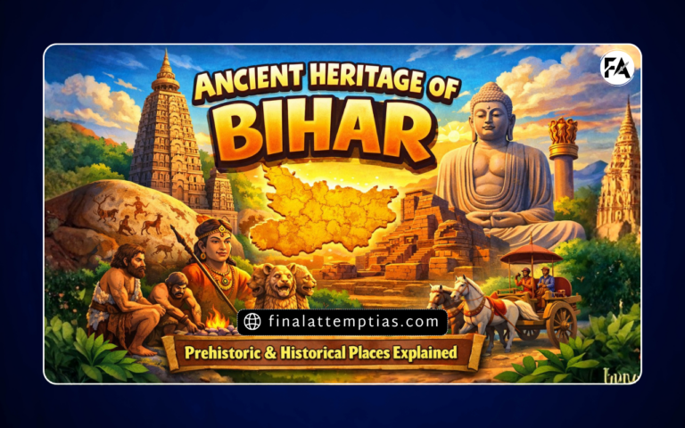 Colorful illustrated thumbnail showing the ancient heritage of Bihar including Mahabodhi Temple, Nalanda ruins, Buddha statue, Ashoka pillar, and prehistoric cave paintings.