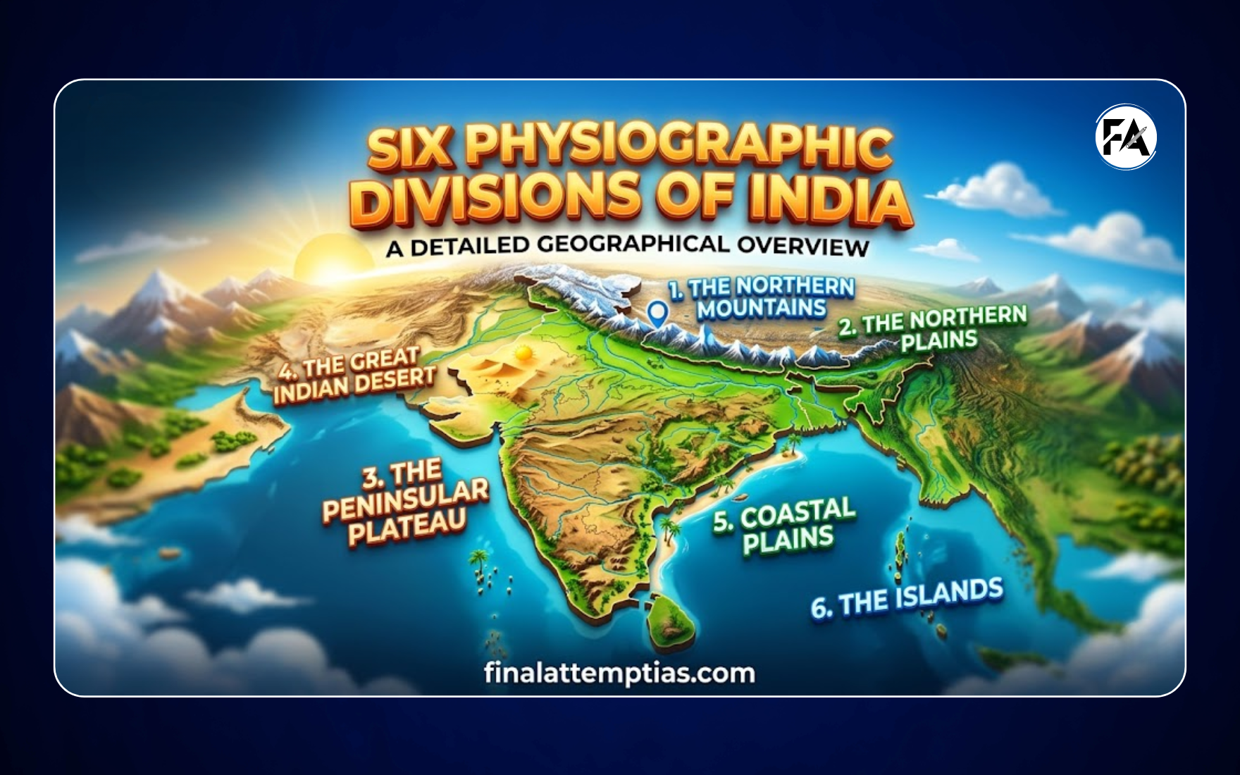 Illustrated map of India showing the six physiographic divisions including Northern Mountains, Northern Plains, Peninsular Plateau, Great Indian Desert, Coastal Plains, and Islands.