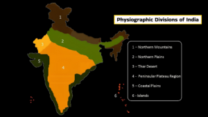 Map showing Physiographic Divisions of India including Northern Mountains, Northern Plains, Thar Desert, Peninsular Plateau, Coastal Plains and Islands