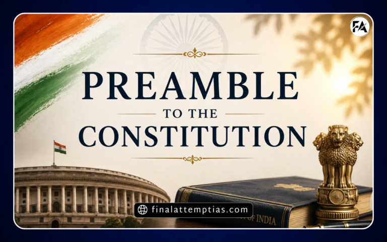 Feature image of the Preamble to the Constitution of India with Parliament House, Ashoka Pillar, Indian flag, and Constitution book.