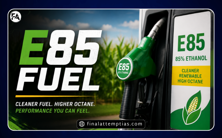 E85 fuel pump nozzle dispensing 85% ethanol fuel at a gas station, highlighting cleaner emissions, renewable energy, and high-octane performance.